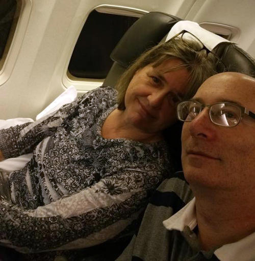 Donna Strickland and Doug Dykaar on the plane to Sweden.