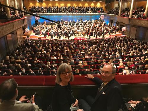Donna Strickland and her husband Doug at a concert hall.