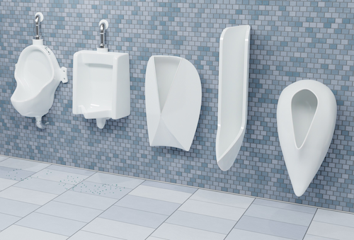 A row of different urinal designs, with classic models on the left and newer splash-free models on the right.