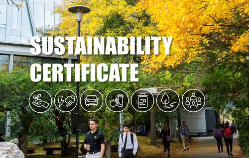 A picture outside campus with green trees that says &quot;sustainability certificate&quot;