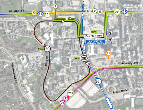 A map of the Campus ring road and surrounding city streets showing new GRT bus routes.