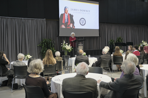 Former University Secretary Lois Claxton speaks at the James Downey Celebration of Life.