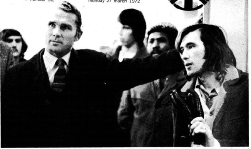 Student protestors speak to President Burt Matthews in 1972.