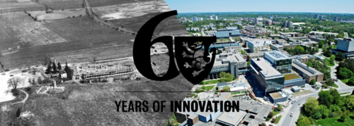 60th Anniversary wall header showing campus in 1957 and today