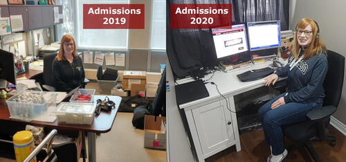 Photos of an admissions officer side by side, the first in the office and the second in a home office