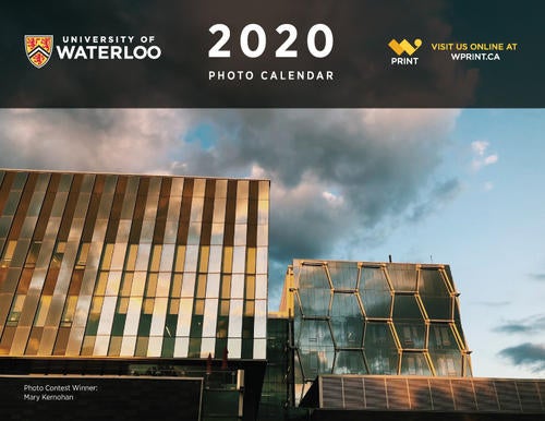 Cover of the 2020 photo calendar with winning photo of the IQC building under a cloudy sky