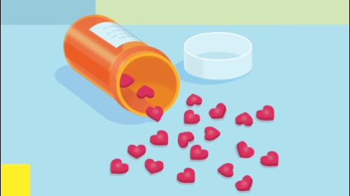 Animated gif of a bottle opening with hearts pouring out.