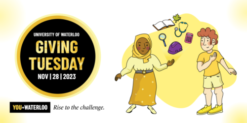Giving Tuesday 2023 banner featuring two cartoon people in conversation.