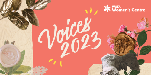 Voices 2023 with a collage of historical note writing objects
