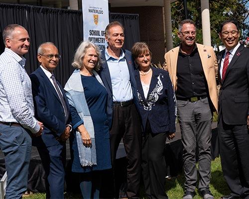 Donors to the Waterloo Eyes Insitute, including alumni Carol Cressman (OD ’79), Marta Witer (OD ’79) and Alan Ulsifer (OD ’90) join President Vivek Goel and Director Stanley Woo at the School of Optometry and Vision Science’s recent cornerstone event.