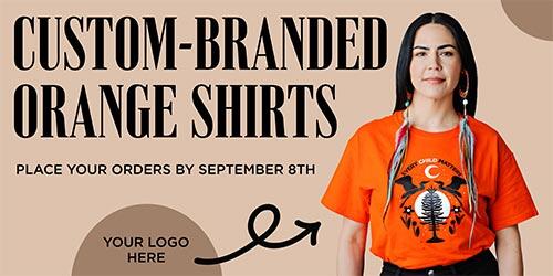 Poster with title &quot;custom-branded orange shirts&quot; with female model wearing an orange shirt