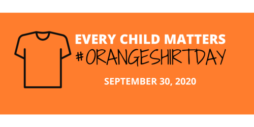 Orange banner with t-shirt illustration and text &quot;Every Child Matters. #orangeshirtday September 30