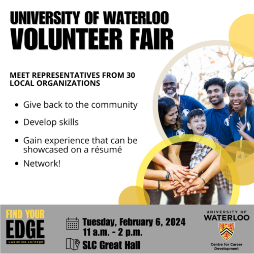 Volunteer fair banner with an image of students working together.