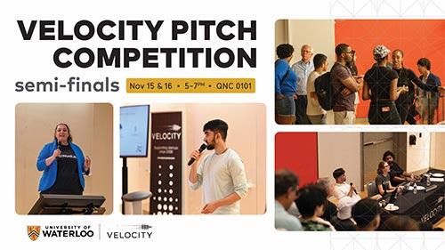 Velocitu Pitch Competition poster featuring images of student teams pitching