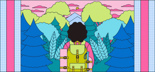 Illustrated animation of the back of a person wearing a backpack looking out towards trees and a mountain in the distance.