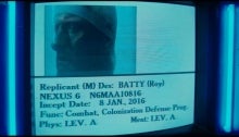 A screenshot from the movie "Blade Runner" showing details about Roy Batty.