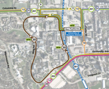 A map of the University of Waterloo campus showing the new transit platform and changed bus routes.