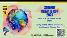 A banner promoting the March 16 student climate con event.