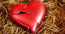 A red plastic broken heart atop a bed of straw like material.