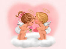 Two cartoon Cupids kissing on a cloud.