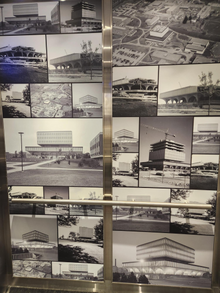 The interior of the refurbished Dana Porter elevators with photos of the Dana Porter Library's construction and early days.
