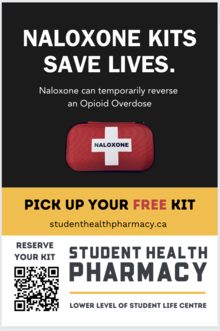 Naloxone Kits Now Available graphic showing a red medical case.