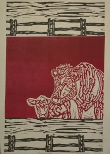 An art print depicting fences and cattle.