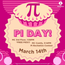 Mathsoc pi day graphic with a pink square and cartoon pie.