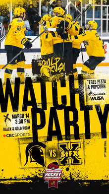Warriors Women's Hockey watch party graphic featuring the hockey team.