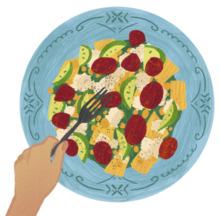 An illustration of a hand holding a fork over a plate of food.
