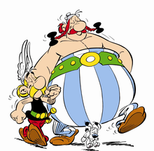 The comic characters Asterix, Obelix and Dogmatix.