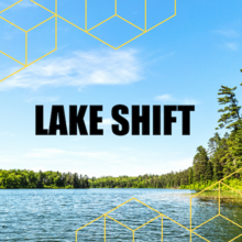 Lake Shift graphic showing a peaceful, serene lake scene with trees.