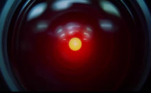 A close-up of supercomputer HAL's visual sensor from the film 2001: A Space Odyssey.