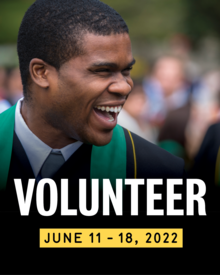 A graduand smiles with the word &quot;VOLUNTEER&quot; superimposed.