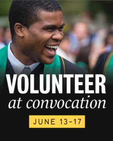 A smiling graduand with the words &quot;Volunteer at convocation&quot; laid overtop.