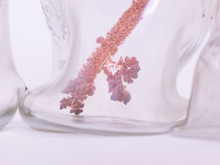 A strange crystalline growth inside a sagging glass jar.