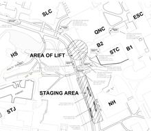 A campus map detailing closures for repair work outside the QNC.