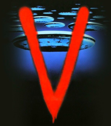 The poster for the original V miniseries from 1983 - a fleet of UFOs with the letter "V" superimposed over it.