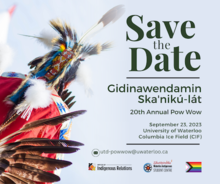 Pow Wow save the date image featuring traditional Indigenous clothing.