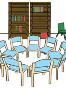 An illustration of chairs arranged in a circle with bookshelves in the background.