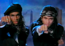 A still image from the music video for Milli Vanilli's &quot;Baby Don't Forget My Number.&quot;