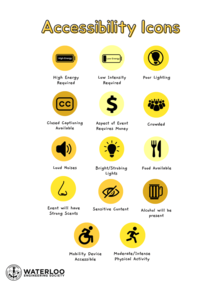 A set of accessibility icons developed by the Engineering Society for use on event posters.