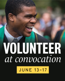 Volunteer at Convocation banner featuring a smiling graduand in convocation regalia.