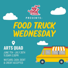 Food Truck Wednesday image showing a cartoon food truck with awning.