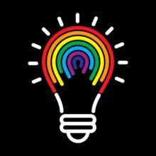 An illustration of a light bulb with a pride rainbow inside it.