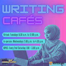 Writing Cafes graphic featuring a woman typing on a keyboard.