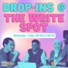 Drop-Ins at the Write Spot banner featuring a diverse group of students.