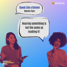 Speak like a Scholar featuring two women conversing in speech bubbles.