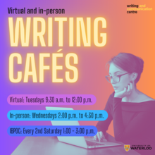 Writing Cafes graphic showing a woman writing on a laptop.