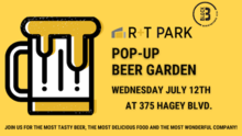 R+T Park popup beer garden banner featuring a cartoon beer stein.